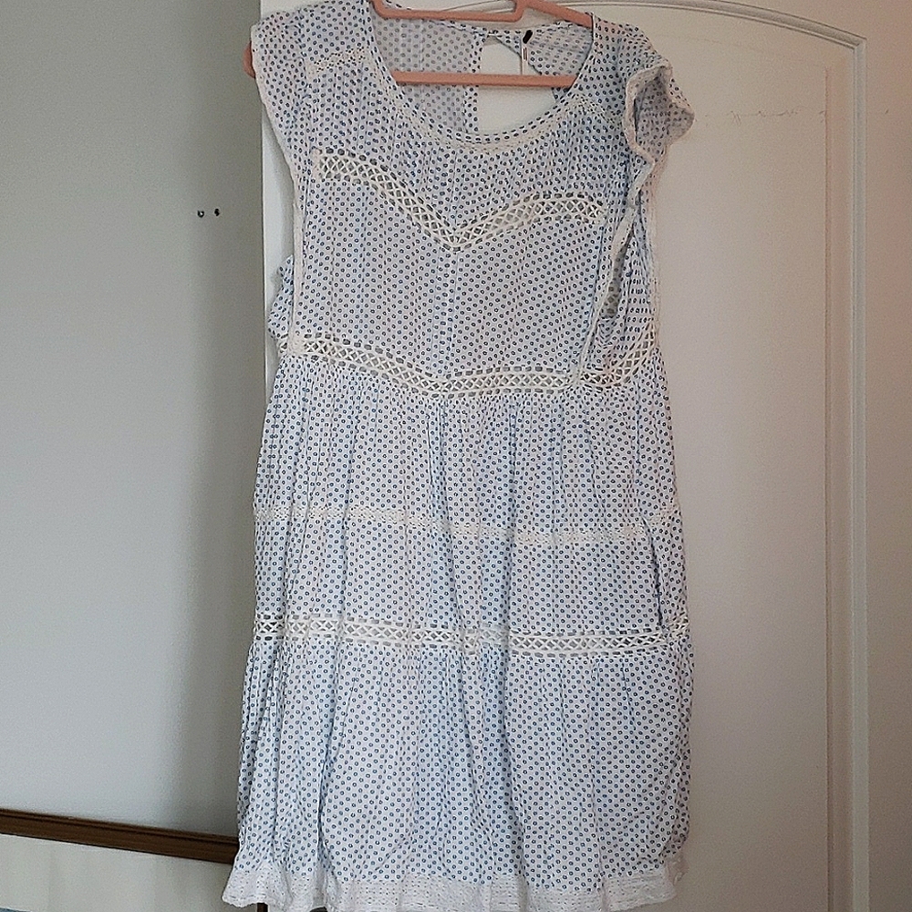Free People White and Blue Patterned Mini Dress